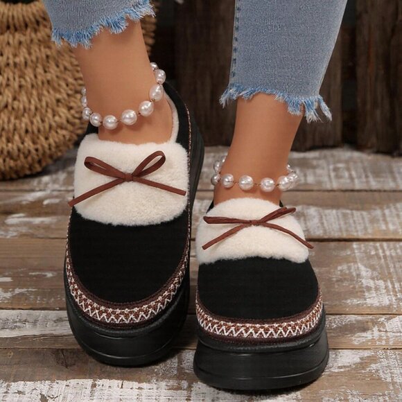 Black Casual Women's Thick Flat Suede Shearling Slippers - Picture 6 of 9